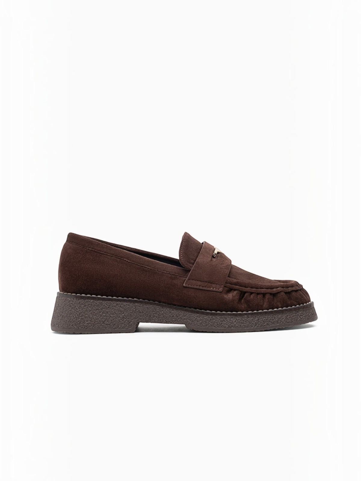 BROCK LADY GLORY brown faux suede loafers with gathered toe detail, gold metallic accent, and low block heel.