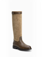 BROCK LADY GLORY two-tone knee-high riding boots in brown faux leather and suede with a decorative metallic buckle.