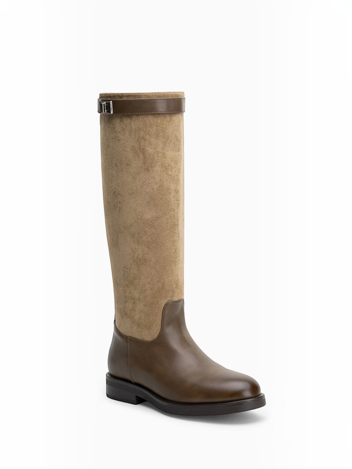 BROCK LADY GLORY two-tone knee-high riding boots in brown faux leather and suede with a decorative metallic buckle.