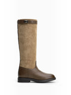BROCK LADY GLORY two-tone knee-high riding boots in brown faux leather and suede with a metallic buckle detail.