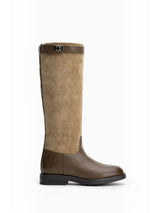 BROCK LADY GLORY two-tone knee-high riding boots in brown faux leather and suede with a metallic buckle detail.