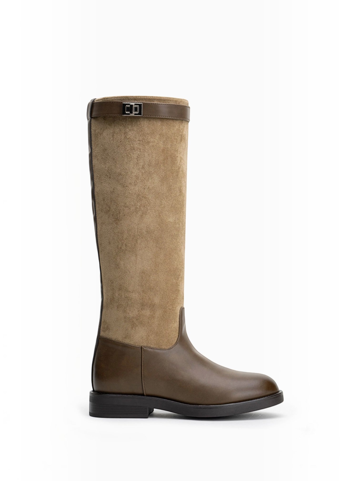 BROCK LADY GLORY two-tone knee-high riding boots in brown faux leather and suede with a metallic buckle detail.