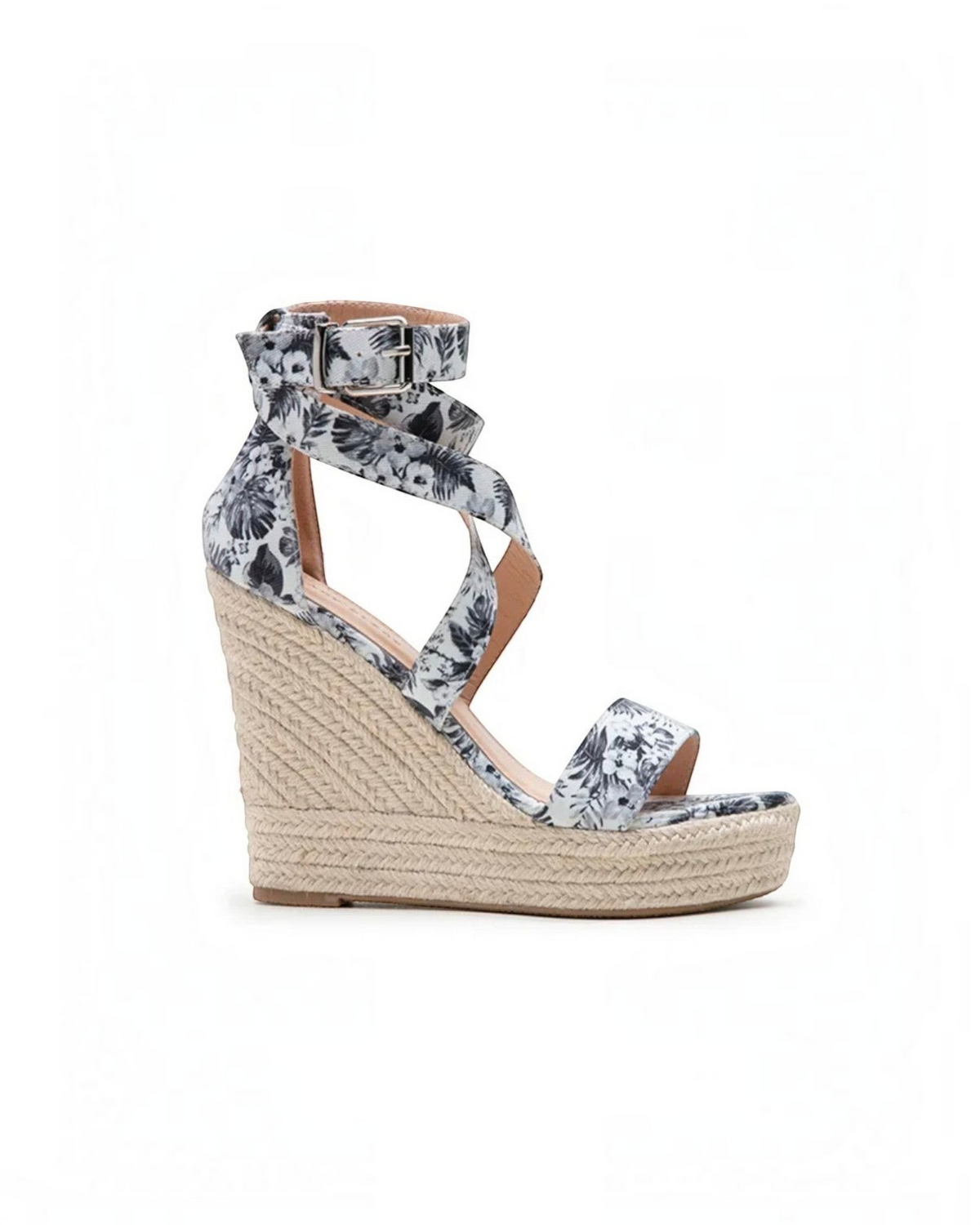 Sandales compensées BROCK LADY GLORY en tissu noir à motif floral avec semelle en corde tressée et bride cheville