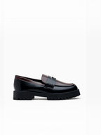 BROCK LADY GLORY two-tone chunky loafers in black and brown faux leather with a thick lug sole and penny strap