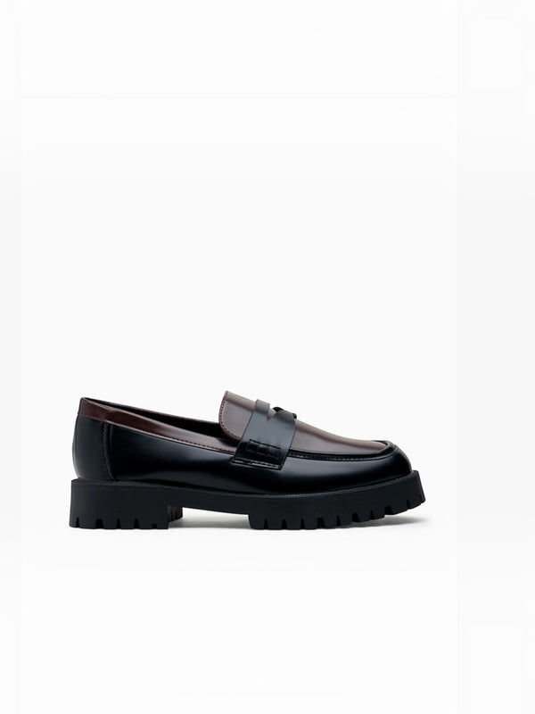BROCK LADY GLORY two-tone chunky loafers in black and brown faux leather with a thick lug sole and penny strap