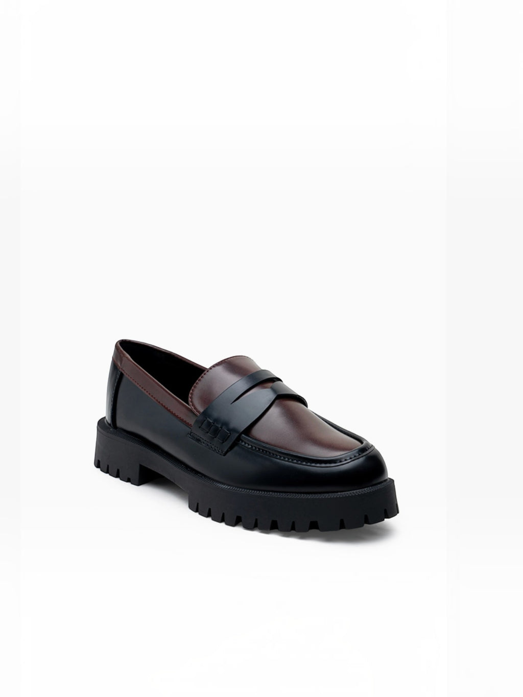 BROCK LADY GLORY two-tone chunky loafers in black and brown faux leather with a thick lug sole and penny strap