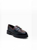 BROCK LADY GLORY two-tone chunky loafers in black and brown faux leather with a thick lug sole and penny strap