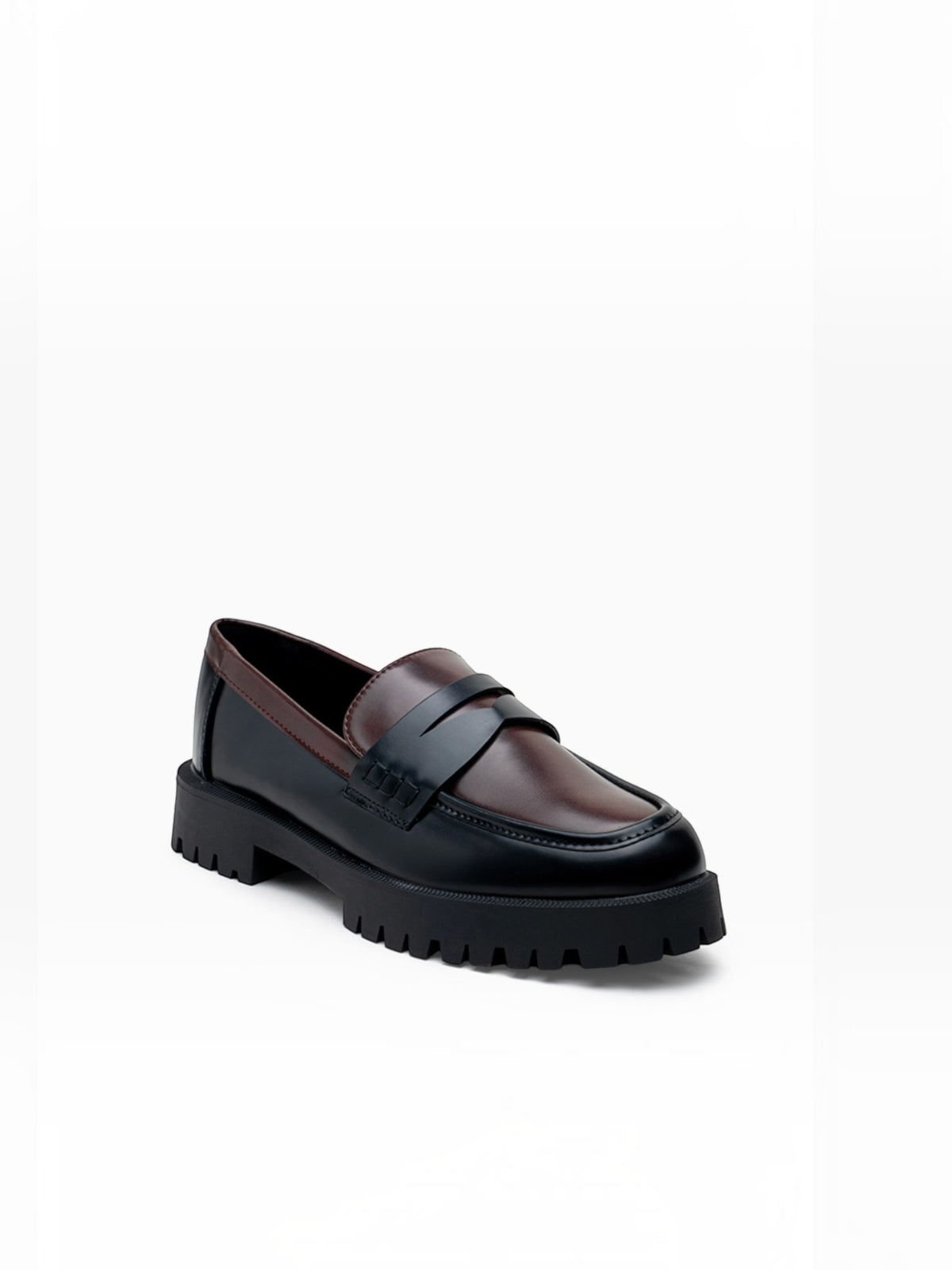 BROCK LADY GLORY two-tone chunky loafers in black and brown faux leather with a thick lug sole and penny strap