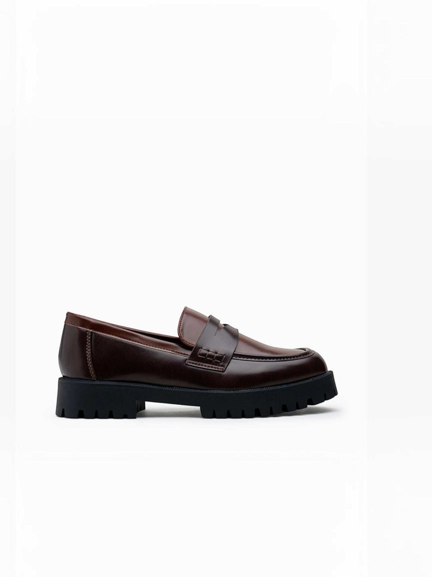 BROCK LADY GLORY two-tone chunky loafers in dark brown faux leather with a thick black lug sole and penny strap