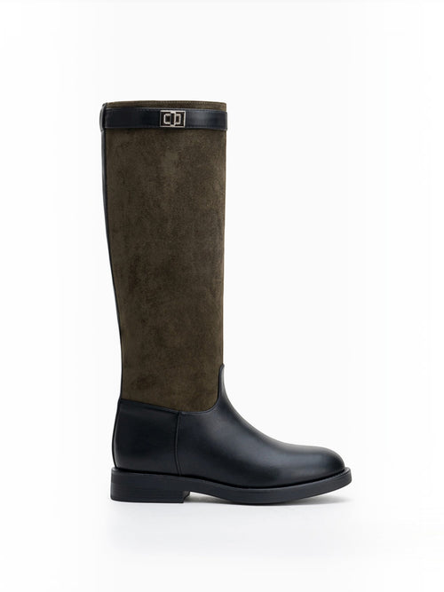 BROCK LADY GLORY two-tone riding boots in black faux leather and olive green suede with a decorative metal buckle.