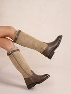 BROCK LADY GLORY two-tone knee-high riding boots in beige suede and brown faux leather with a low block heel