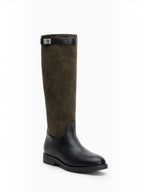 BROCK LADY GLORY two-tone riding boots in black faux leather and olive green suede with a metallic buckle detail.