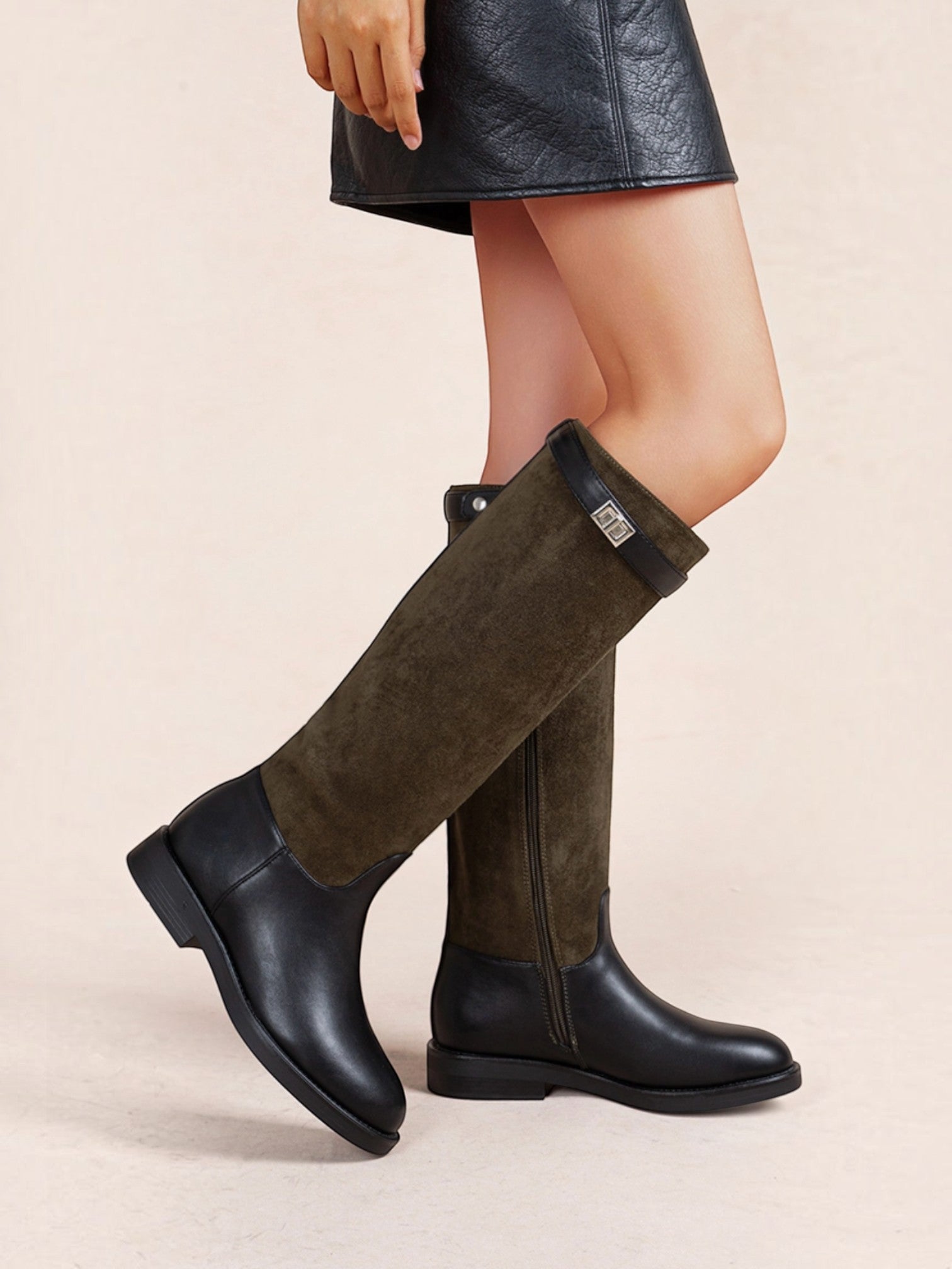 BROCK LADY GLORY two-tone olive green suede and black faux leather knee-high riding boots with a low block heel.