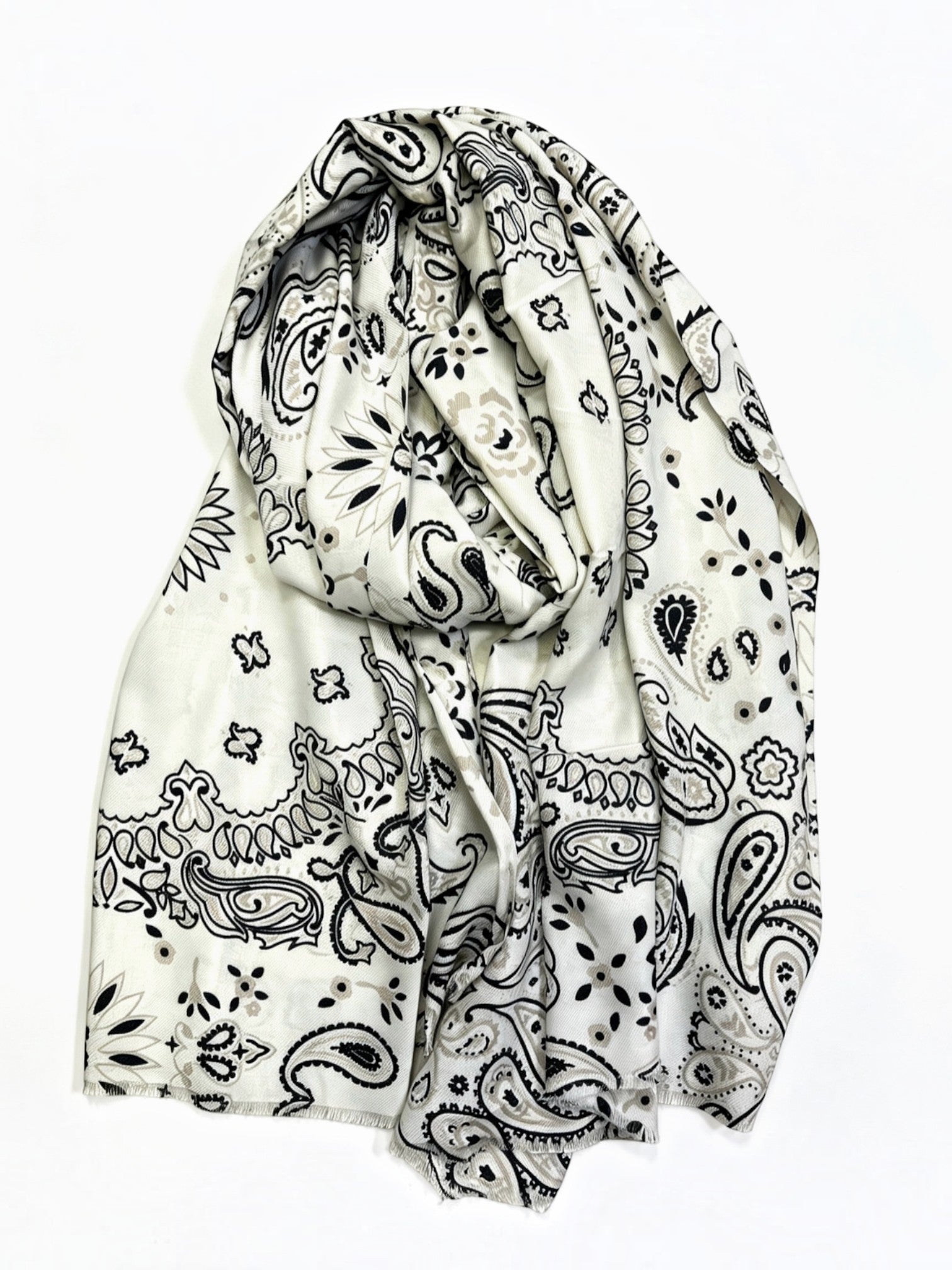 BROCK LINETA lightweight wool-blend scarf in cream with a black and grey bohemian bandana paisley print and fringes.