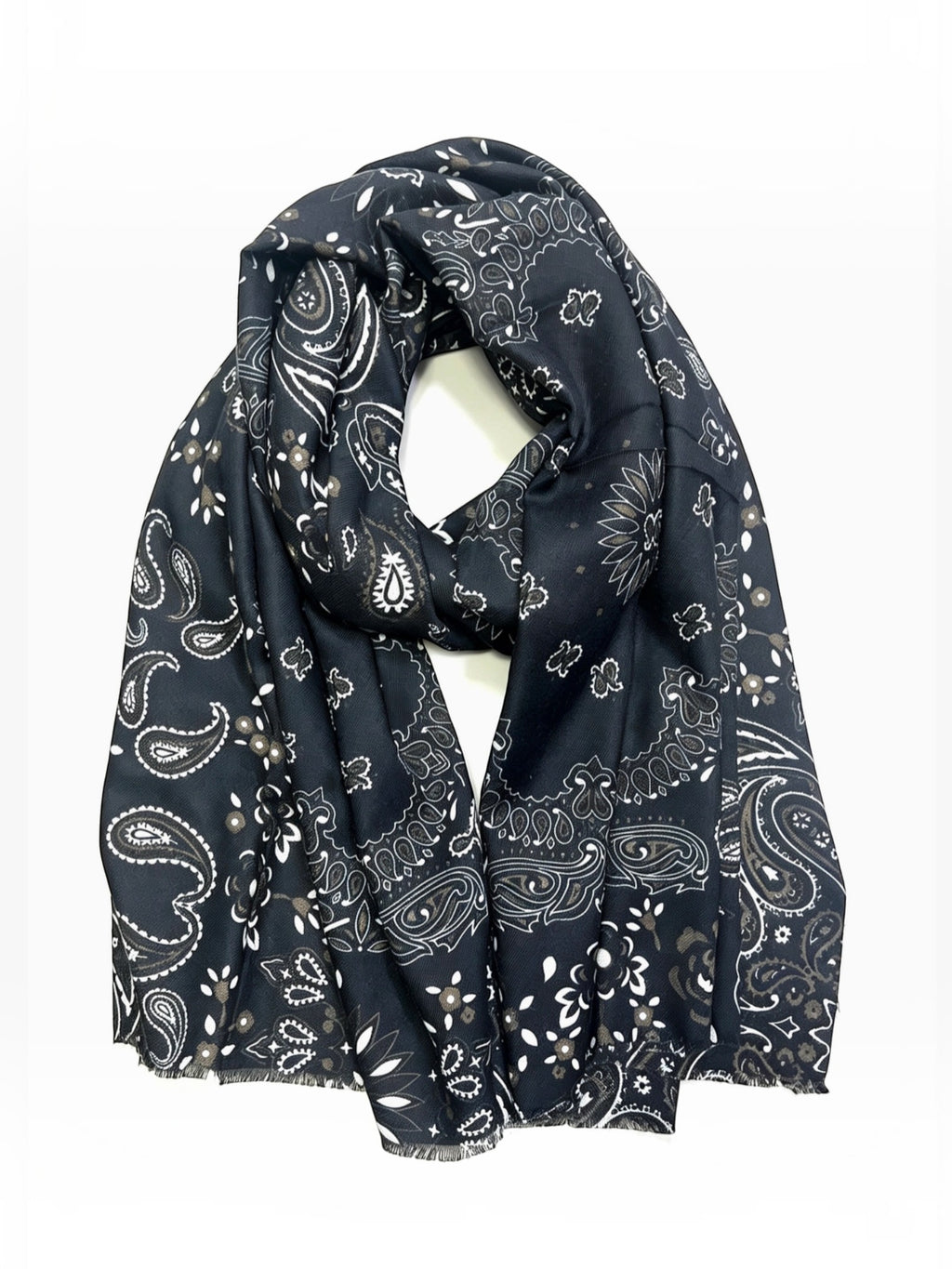 BROCK LINETA black bandana print scarf in a wool and viscose blend with frayed edges for a bohemian look.