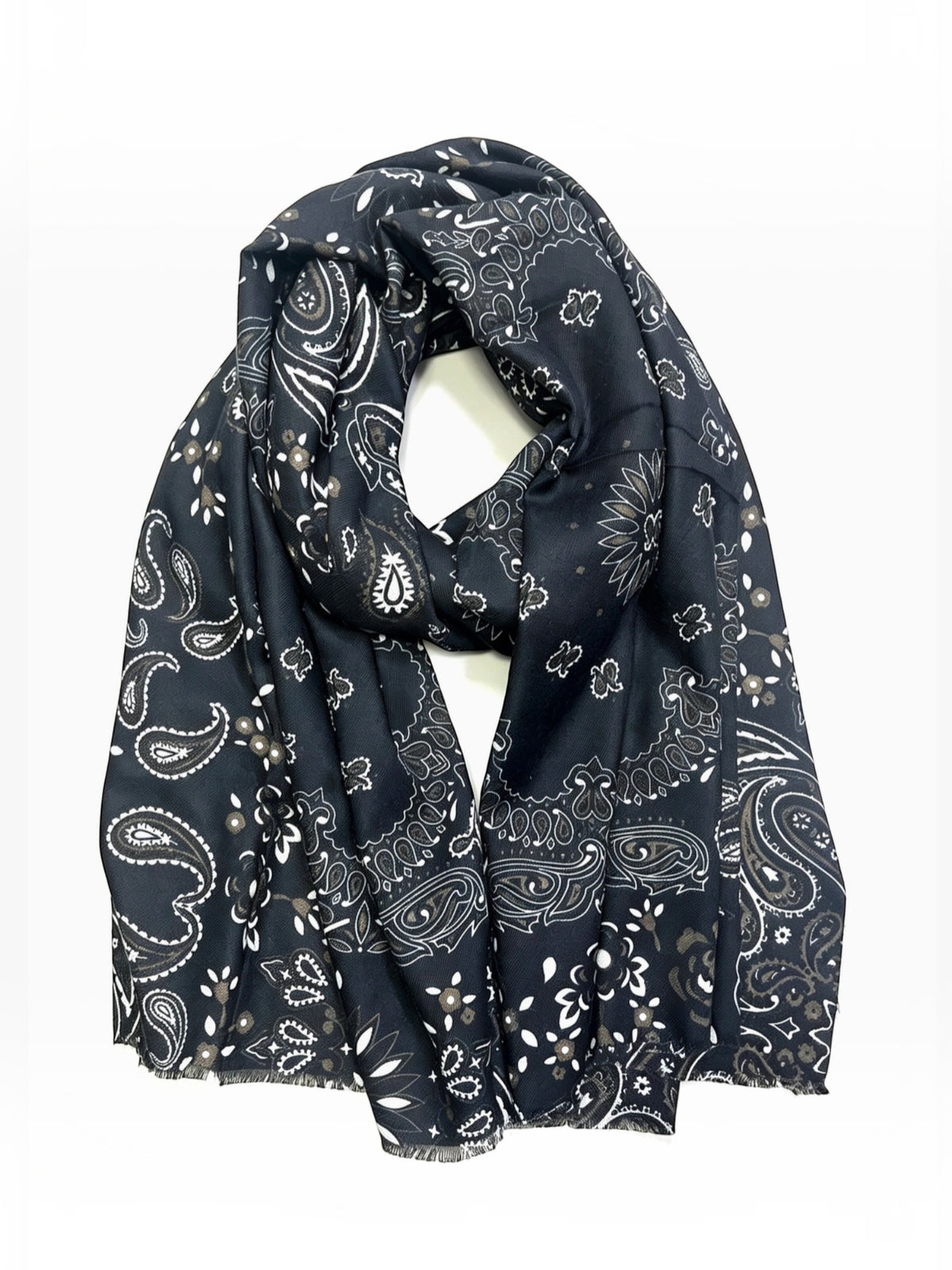 BROCK LINETA black bandana print scarf in a wool and viscose blend with frayed edges for a bohemian look.
