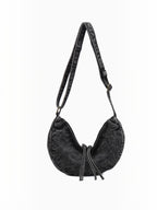 BROCK LINETA black denim effect crescent crossbody bag with adjustable strap and drawstring detail
