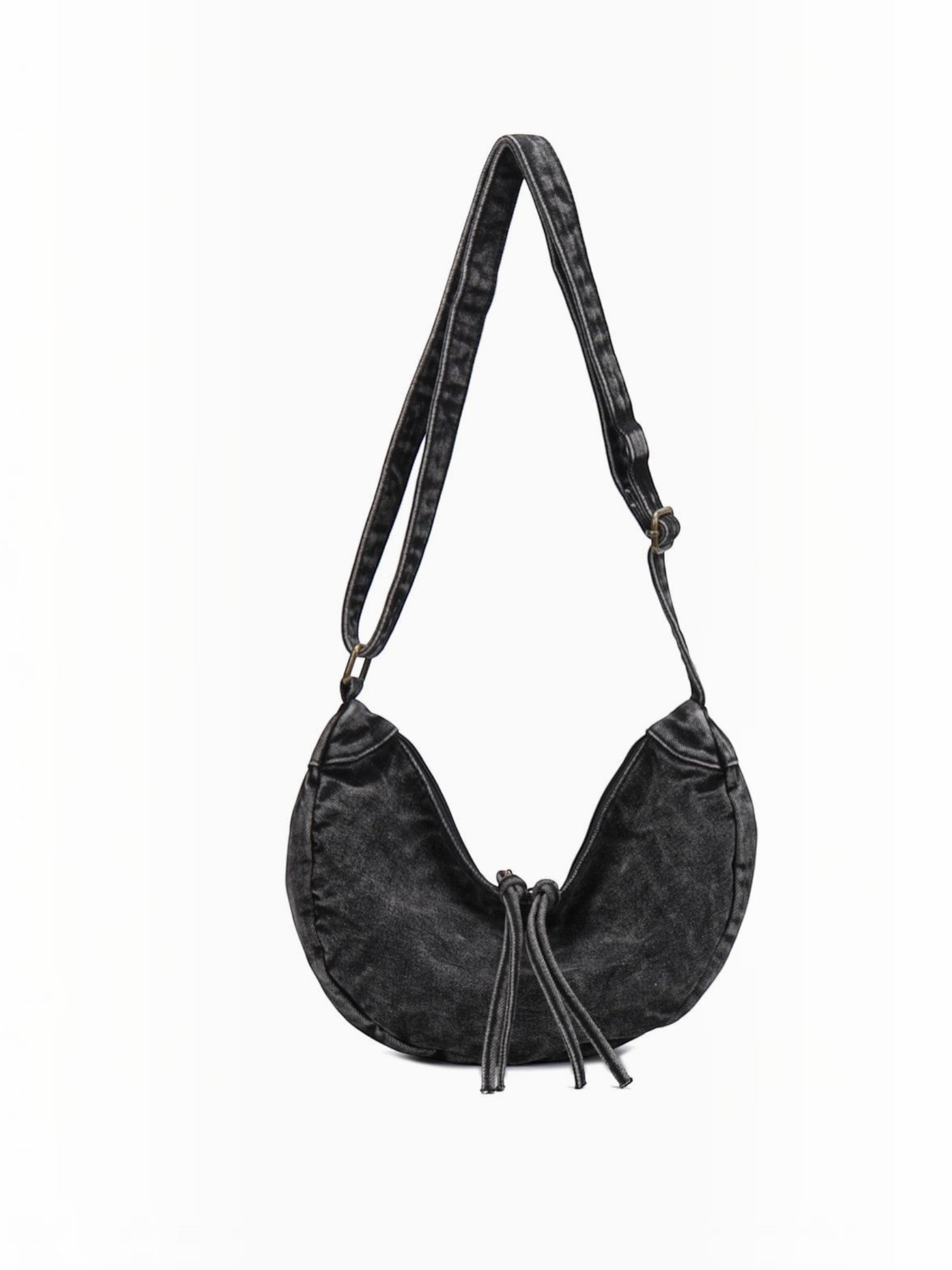 BROCK LINETA black denim effect crescent crossbody bag with adjustable strap and drawstring detail