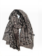 BROCK LINETA brown bandana print scarf in a wool and viscose blend with frayed edges