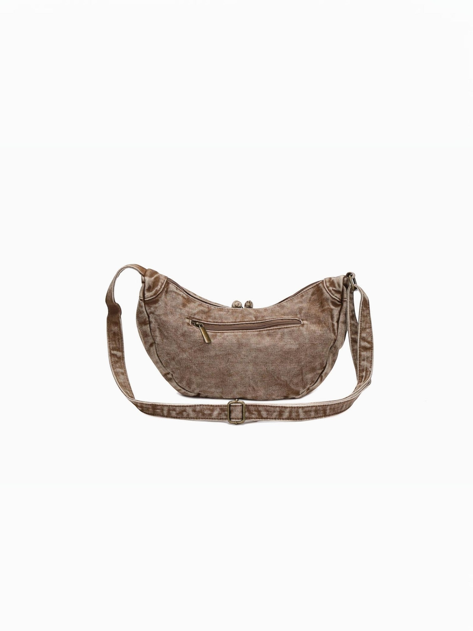 BROCK LINETA brown denim effect crossbody bag with a crescent shape and back zipper pocket