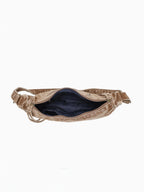 BROCK LINETA denim-effect crossbody bag in brown with a top zipper opening and dark interior lining