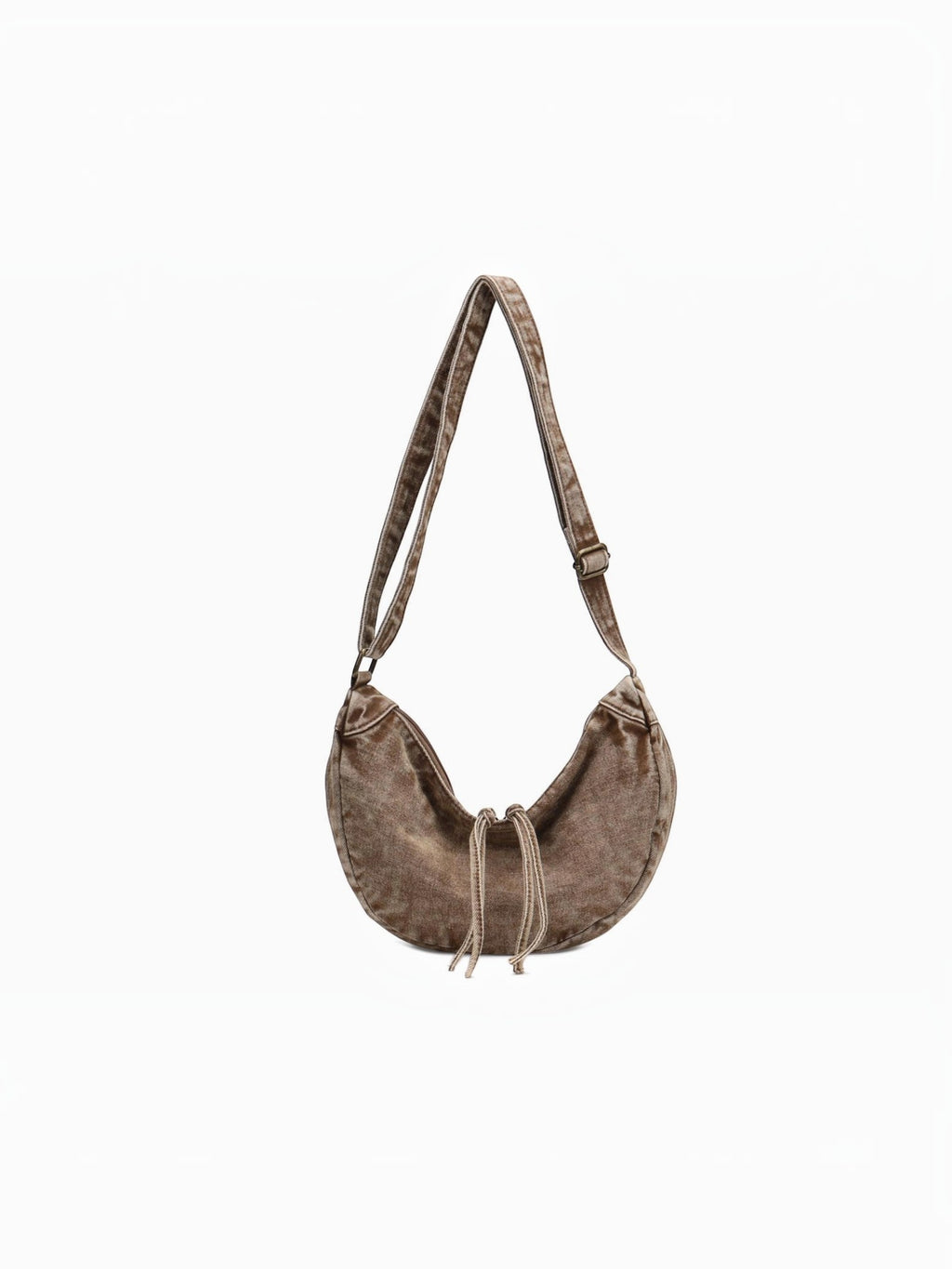 BROCK LINETA crescent-shaped crossbody bag in brown denim-effect fabric with adjustable strap and drawstring detail