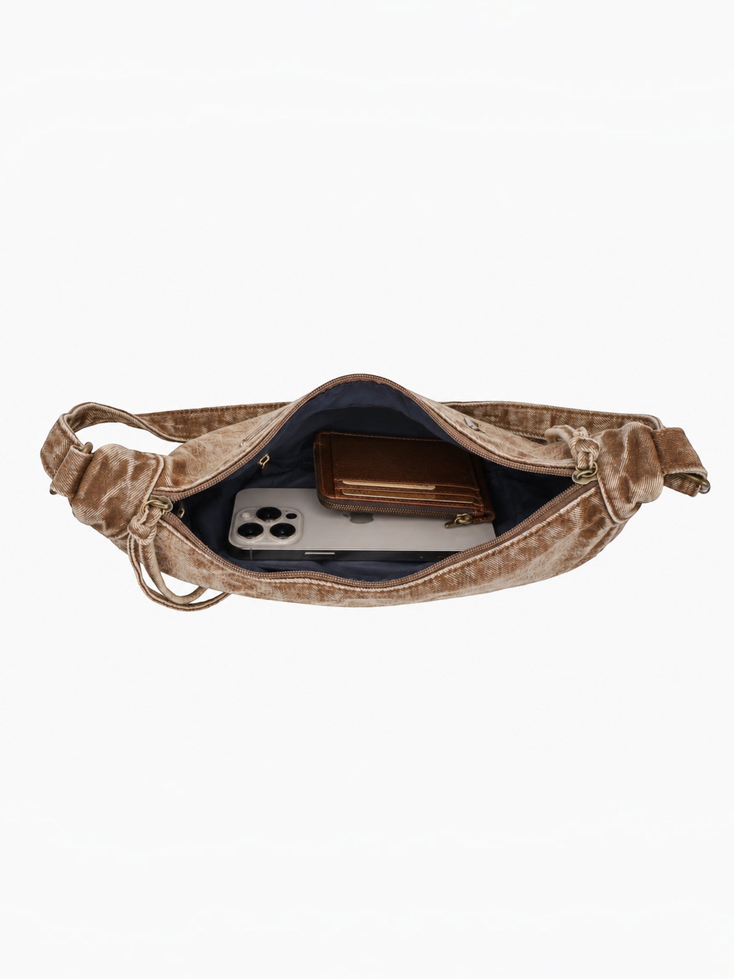 BROCK LINETA denim effect crossbody bag in brown with open interior containing a smartphone and wallet