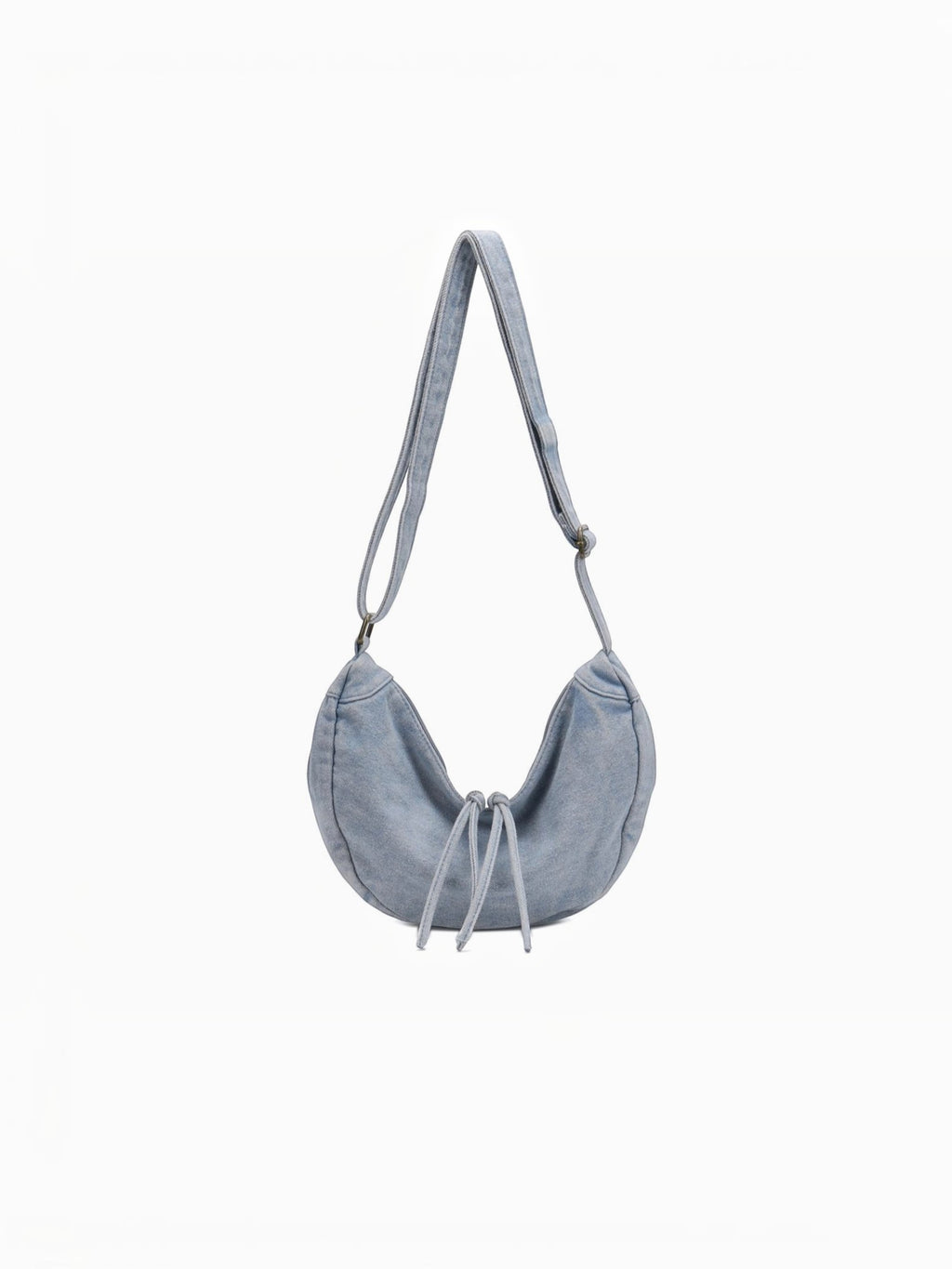 BROCK LINETA blue denim effect crescent crossbody bag with adjustable strap and drawstring detail