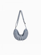BROCK LINETA blue denim effect crescent crossbody bag with adjustable strap and drawstring detail