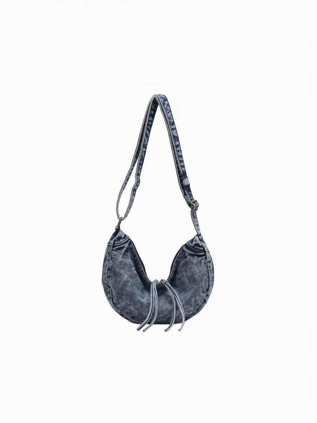 BROCK LINETA denim effect crossbody bag with a crescent shape and drawstring detail in a casual blue wash