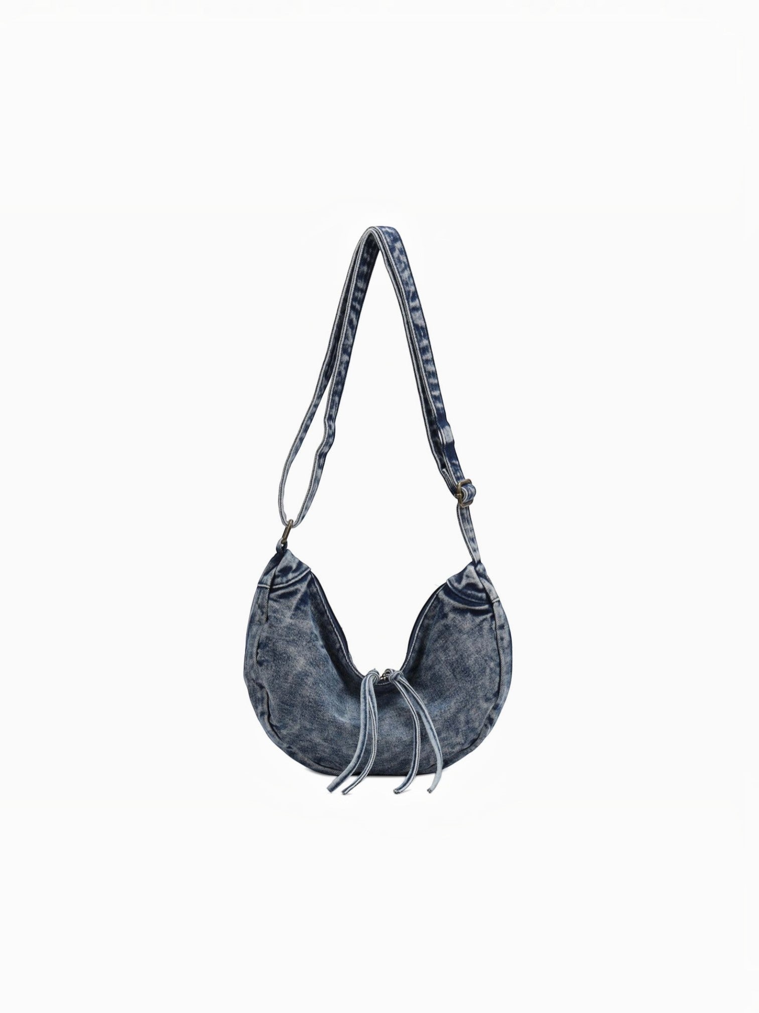 BROCK LINETA denim effect crossbody bag with a crescent shape and drawstring detail in a casual blue wash