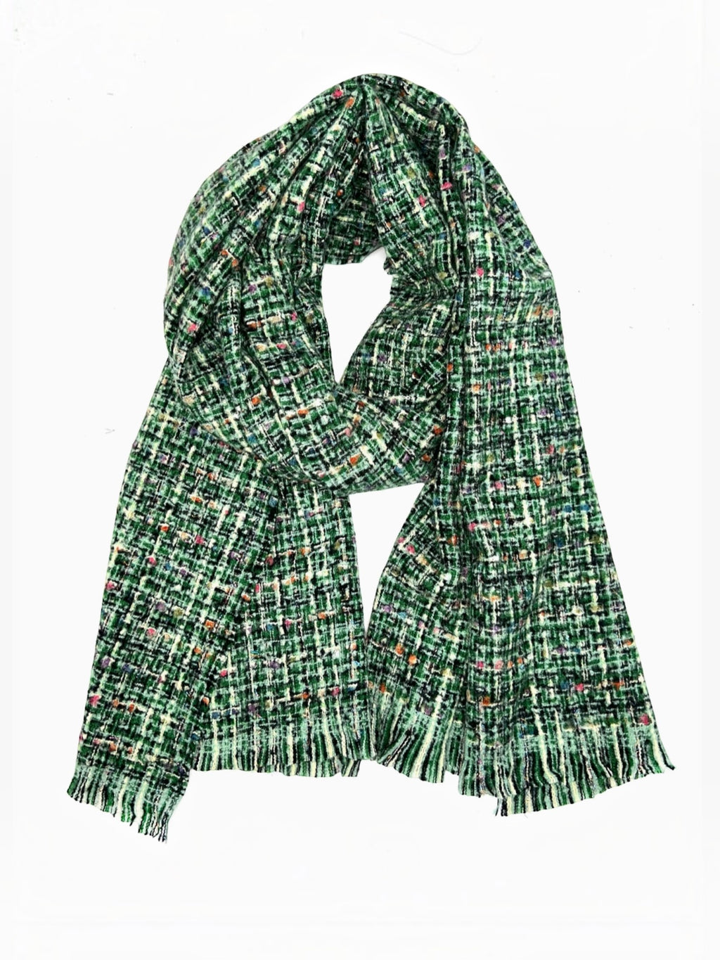 BROCK LINETA unisex green tweed scarf with multicoloured flecks in a soft viscose and wool blend