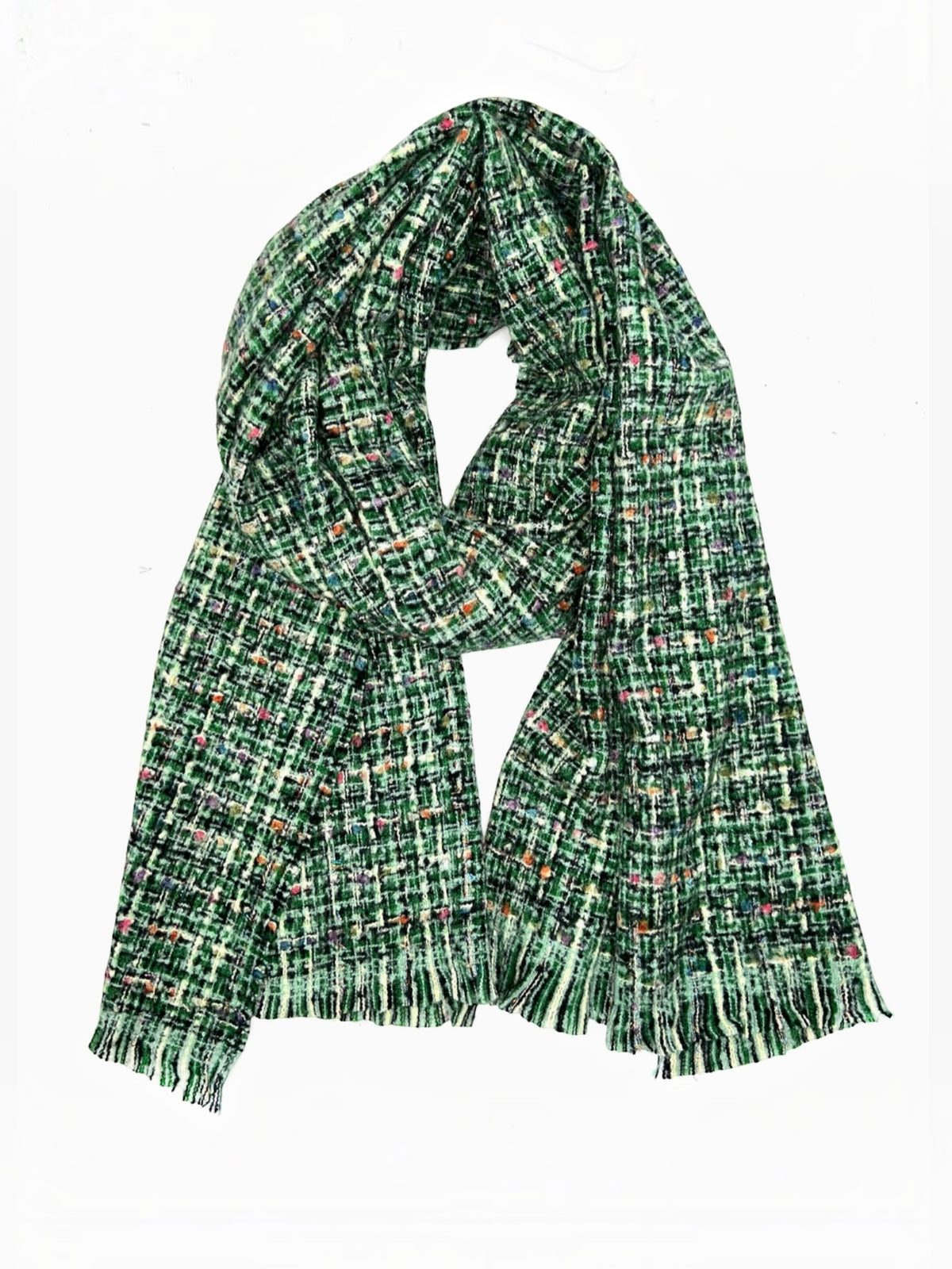 BROCK LINETA unisex green tweed scarf with multicoloured flecks in a soft viscose and wool blend