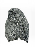 BROCK LINETA grey bandana print scarf in a wool-viscose blend with bohemian fringed edges.