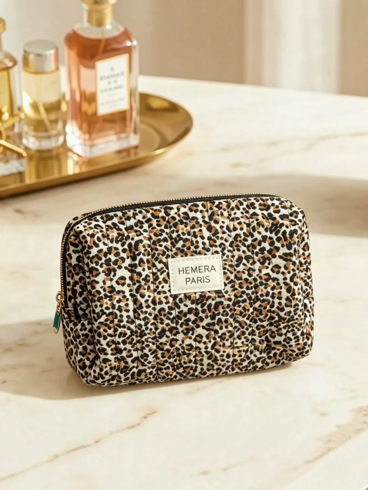 BROCK LINETA quilted cotton makeup bag with a trendy leopard print pattern and a zip closure