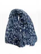 BROCK LINETA navy blue scarf with white bandana paisley print and fringed edges in a viscose and wool blend
