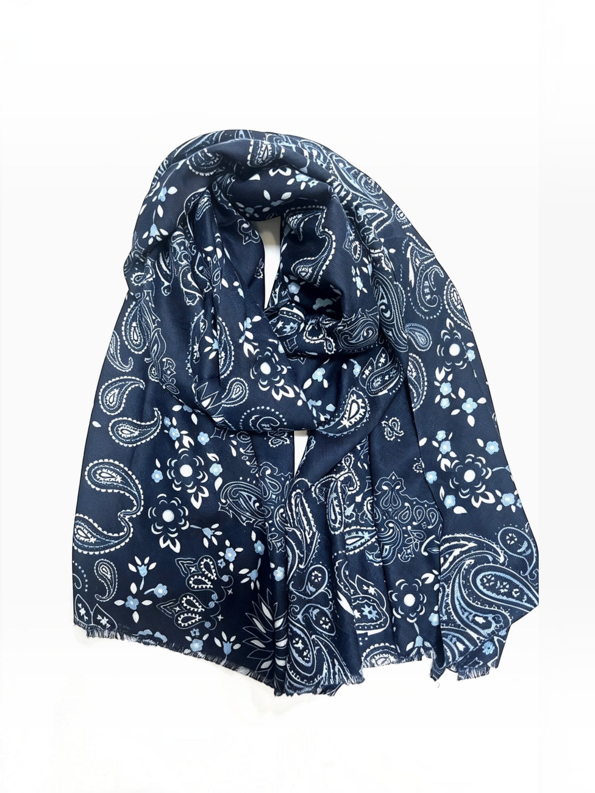 BROCK LINETA navy blue scarf with white bandana paisley print and fringed edges in a viscose and wool blend