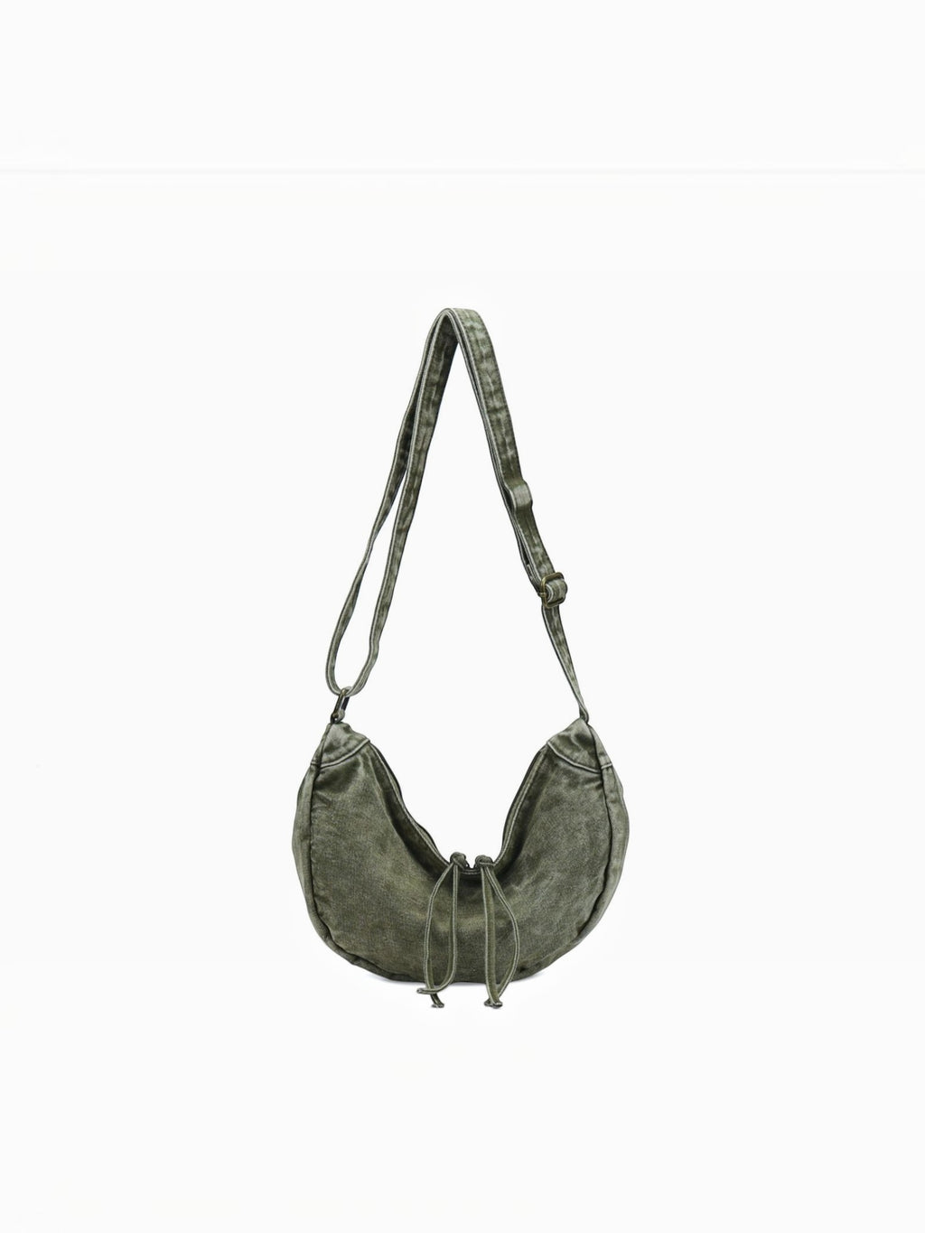 BROCK LINETA olive green denim effect crossbody bag with a slouchy crescent shape and adjustable shoulder strap.