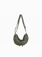 BROCK LINETA olive green denim effect crossbody bag with a slouchy crescent shape and adjustable shoulder strap.