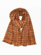 BROCK LINETA unisex scarf in orange multi-coloured tweed pattern with fringe detail, made of viscose and wool blend