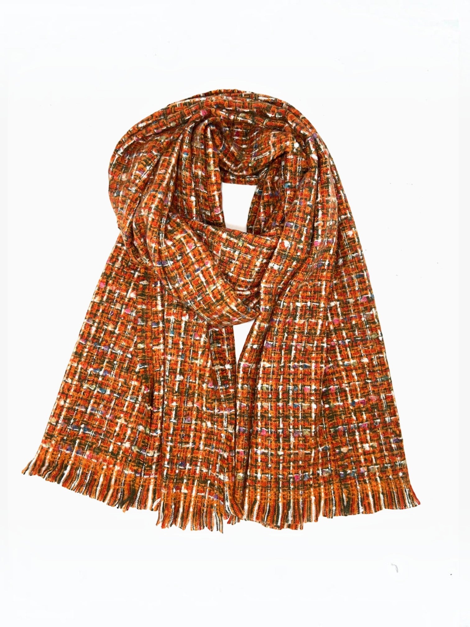 BROCK LINETA unisex scarf in orange multi-coloured tweed pattern with fringe detail, made of viscose and wool blend