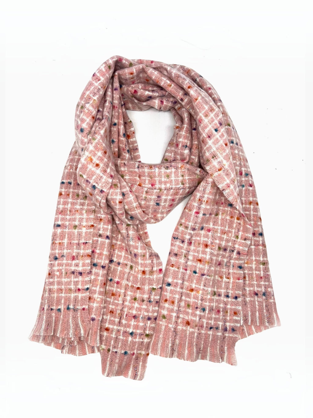 BROCK LINETA unisex scarf in soft pink with a white grid pattern and colorful flecks, made of viscose and wool blend