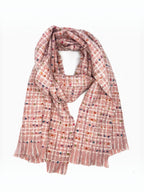 BROCK LINETA unisex scarf in soft pink with a white grid pattern and colorful flecks, made of viscose and wool blend