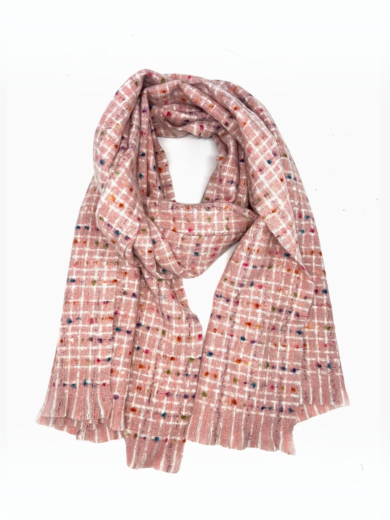 BROCK LINETA unisex scarf in soft pink with a white grid pattern and colorful flecks, made of viscose and wool blend