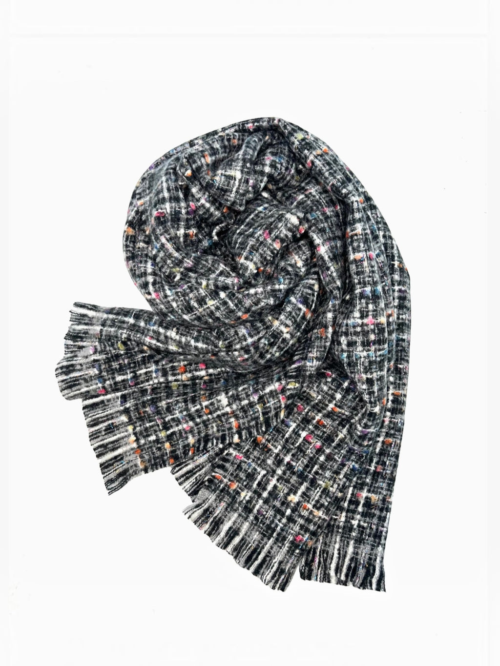 BROCK LINETA unisex scarf in black and white plaid with colorful flecks, made from a soft viscose and wool blend.