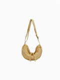 BROCK LINETA crescent-shaped denim effect crossbody bag in light tan with adjustable strap and drawstring detail