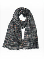 BROCK LINETA unisex scarf in black and white tweed with multicoloured flecks, made from viscose and wool blend
