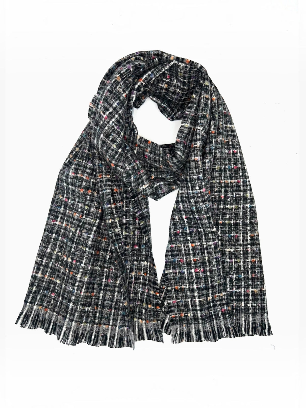 BROCK LINETA unisex scarf in black and white tweed with multicoloured flecks, made from viscose and wool blend