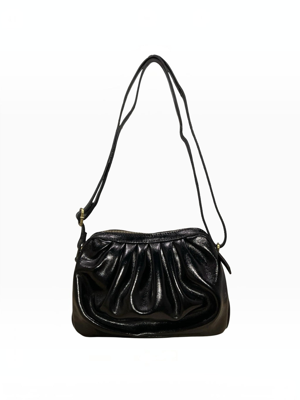 BROCK LOUISA LEE croissant-shaped black metallic leather shoulder bag with a ruched design and adjustable strap.