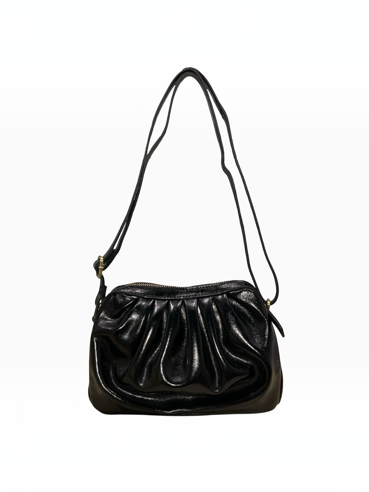BROCK LOUISA LEE croissant-shaped black metallic leather shoulder bag with a ruched design and adjustable strap.